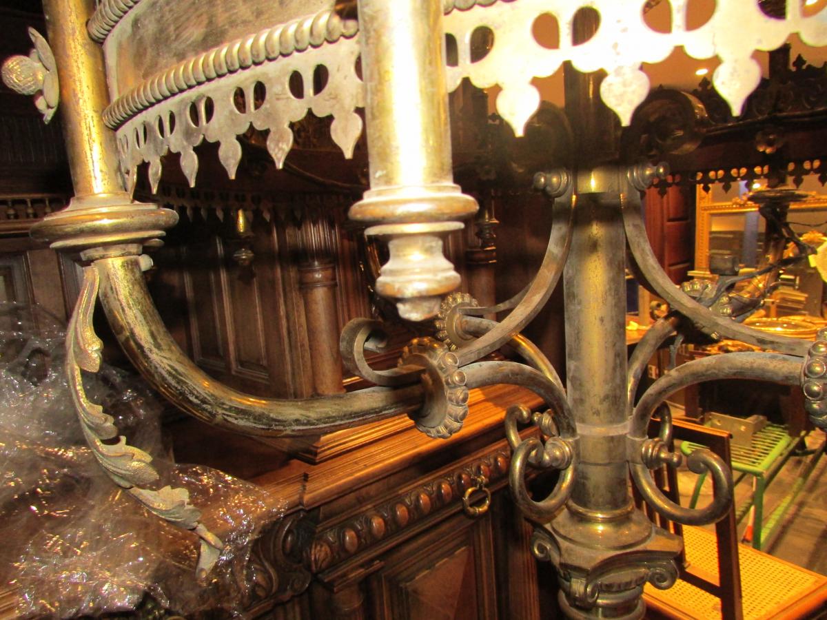 Impressionnant Chandelier d' Eglise Epoque XIXeme Laiton Gothique Gothic Candlestick 240 Cm !!!-photo-4
