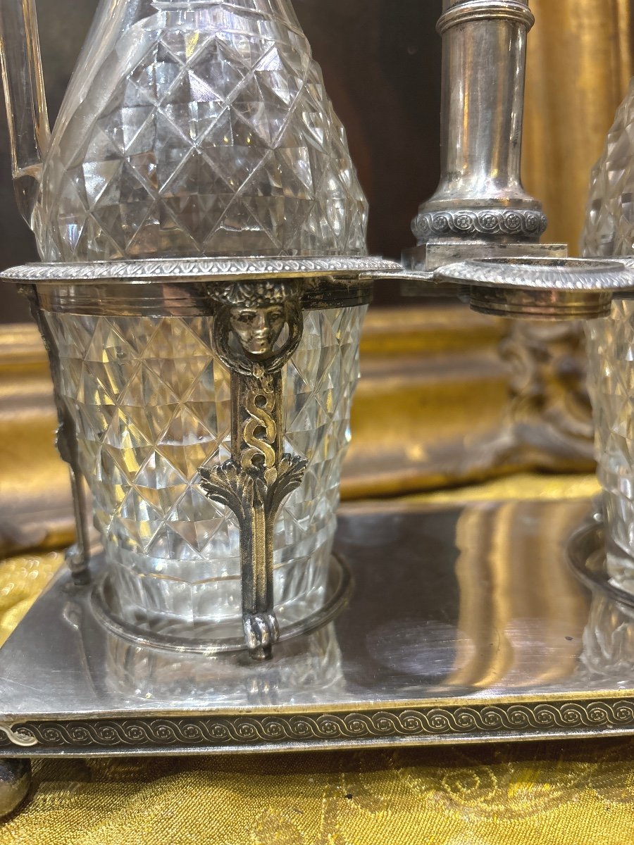 Oil And Vinegar Cruet Silver And Crystal From Le Creusot Empire Period Rooster Hallmark-photo-3