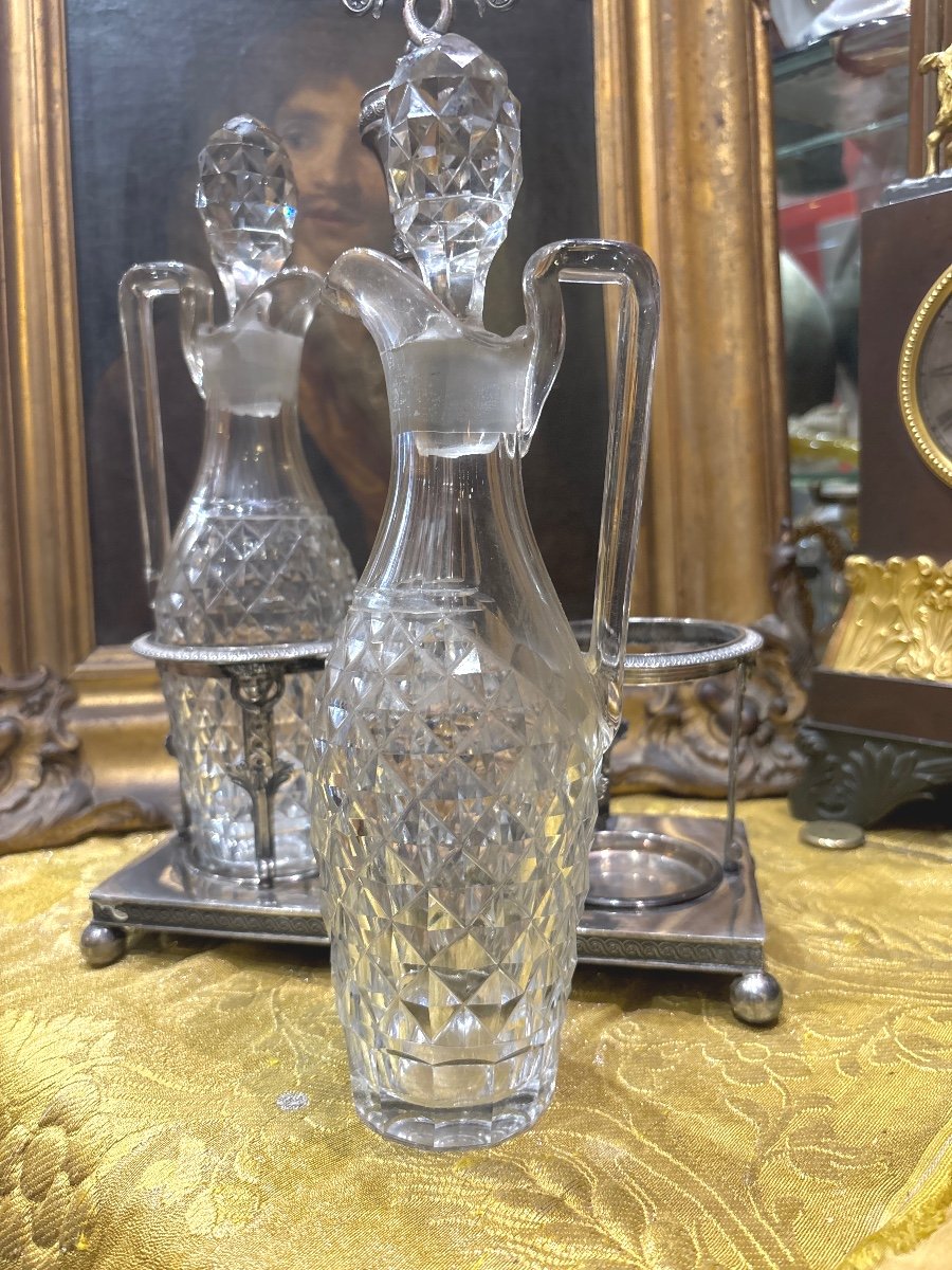 Oil And Vinegar Cruet Silver And Crystal From Le Creusot Empire Period Rooster Hallmark-photo-4