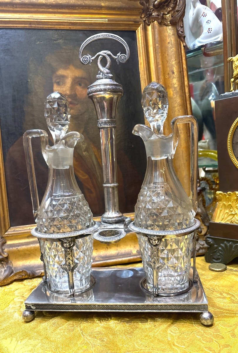 Oil And Vinegar Cruet Silver And Crystal From Le Creusot Empire Period Rooster Hallmark