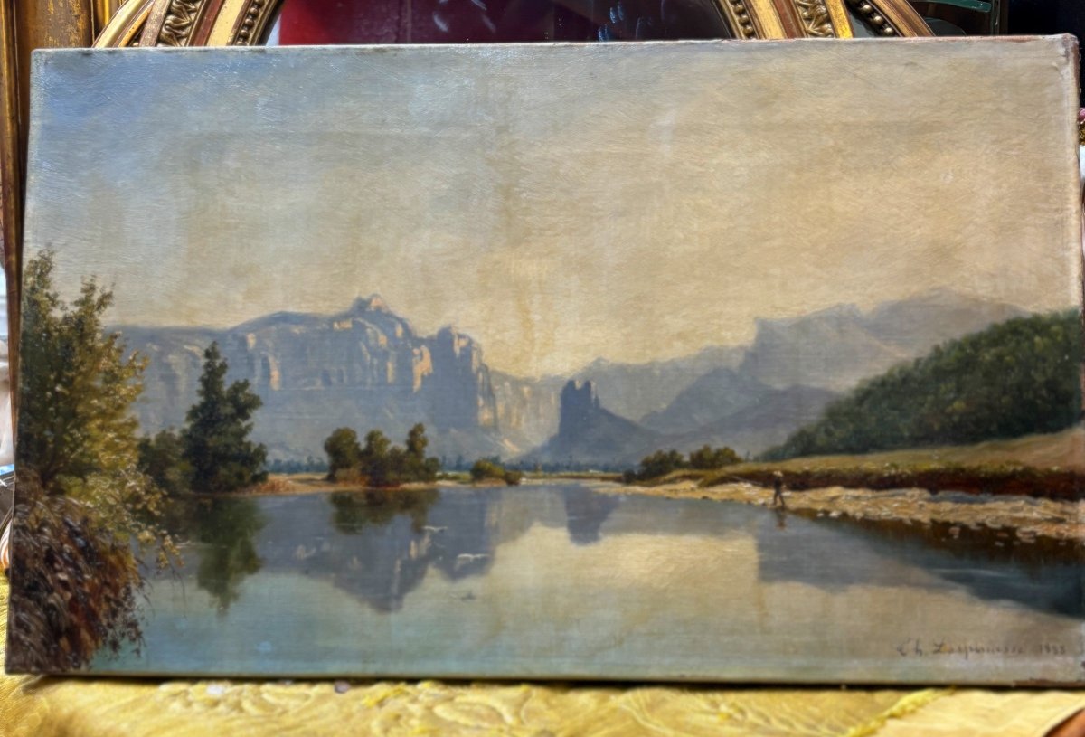 Théodore Lespinasse Tableau Huile / Toile Paysage Lac De Montagne Alpin environs grenoble 1888