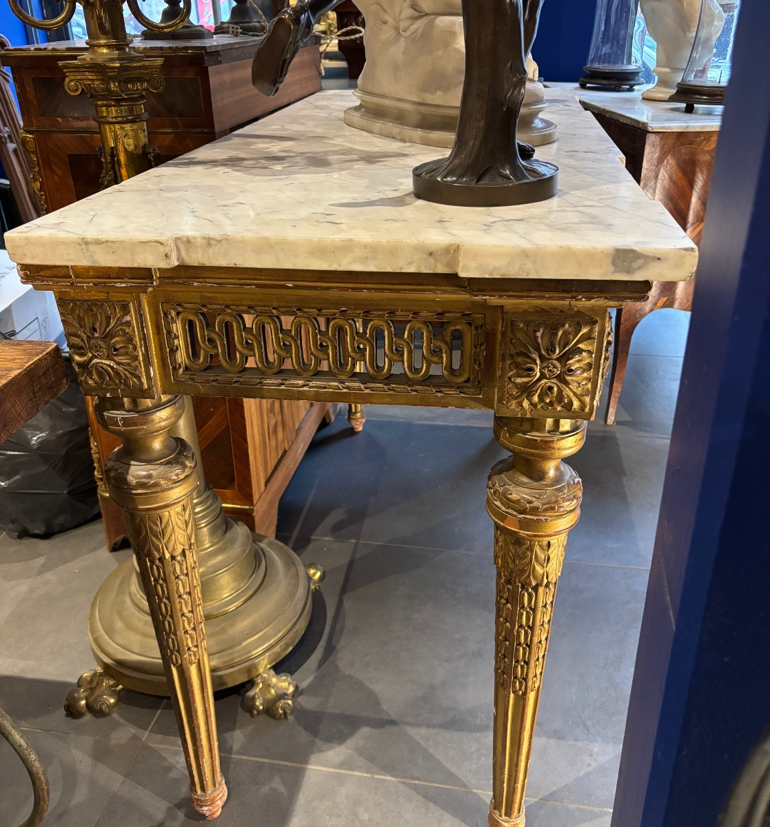 Large 19th Century Gilded Wood Console Table In Lxvi Style With Interlacing Decor -photo-4