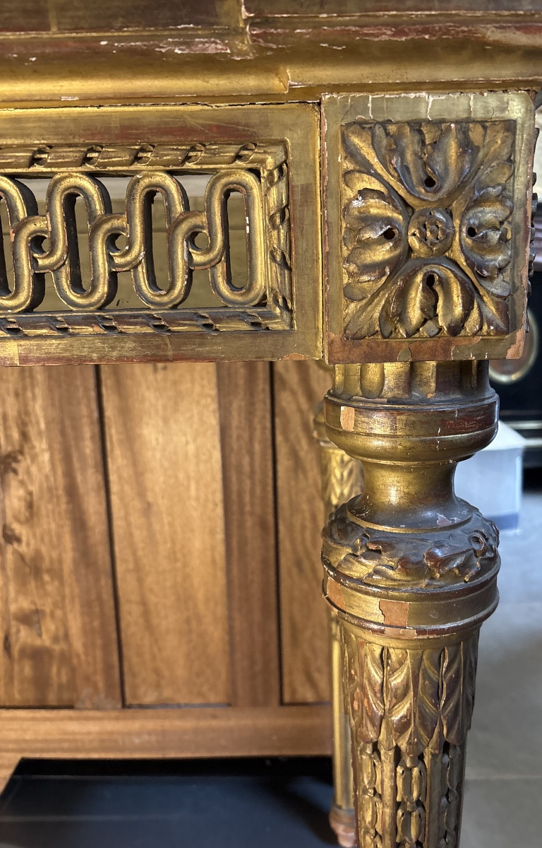 Large 19th Century Gilded Wood Console Table In Lxvi Style With Interlacing Decor -photo-5