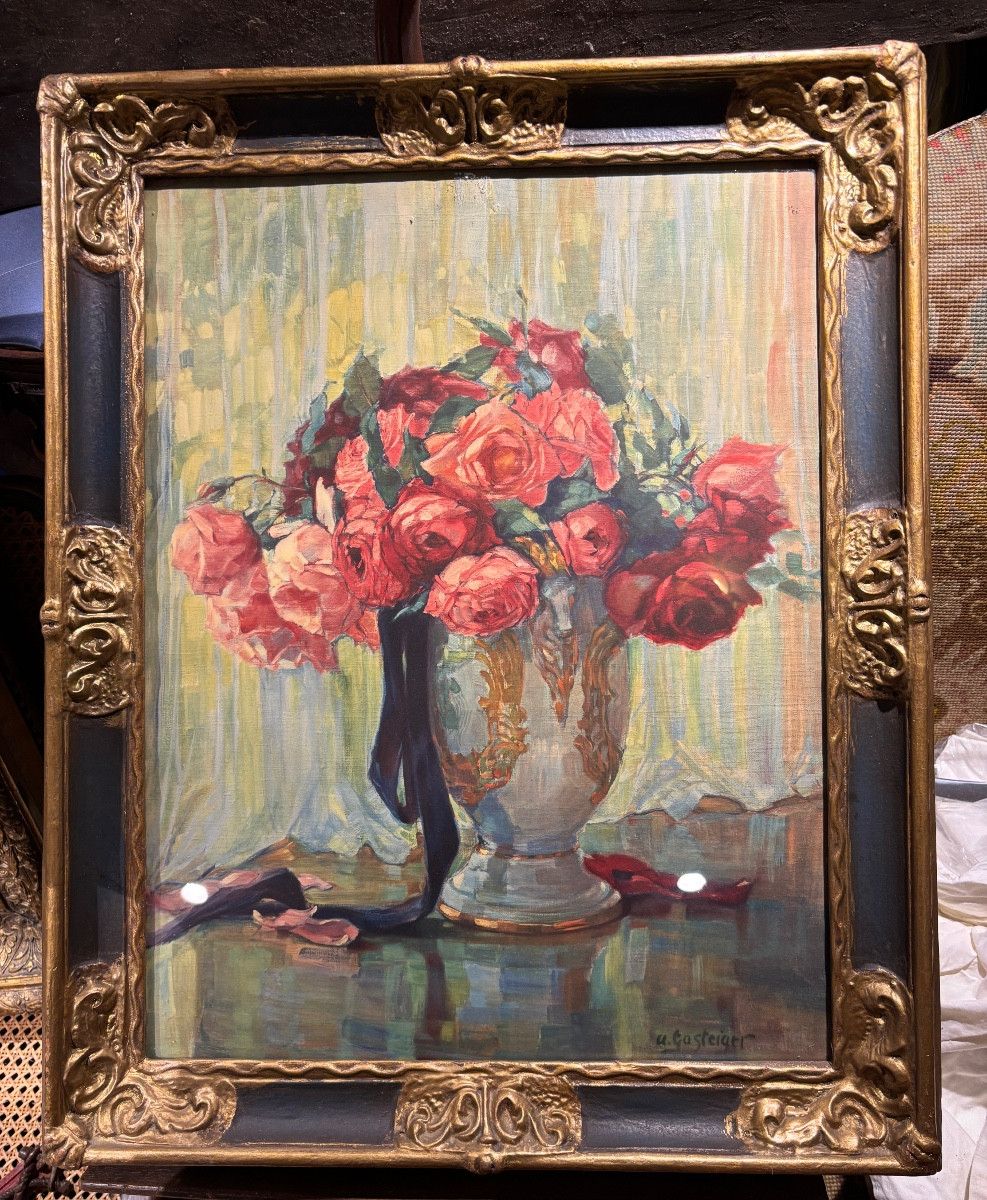 Aquarelle Art Déco nature morte Bouquet De Fleurs Dans Un Vase Signée 