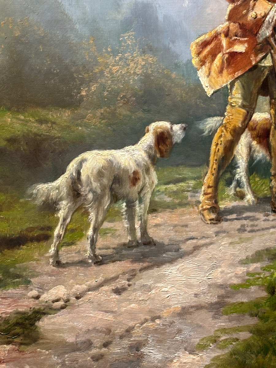 Large 19th Century Painting By Théodore Levigne, Romantic Pastoral Scene, The Hunter And The Shepherdess, Cow -photo-1
