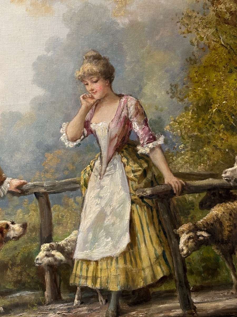 Large 19th Century Painting By Théodore Levigne, Romantic Pastoral Scene, The Hunter And The Shepherdess, Cow -photo-3