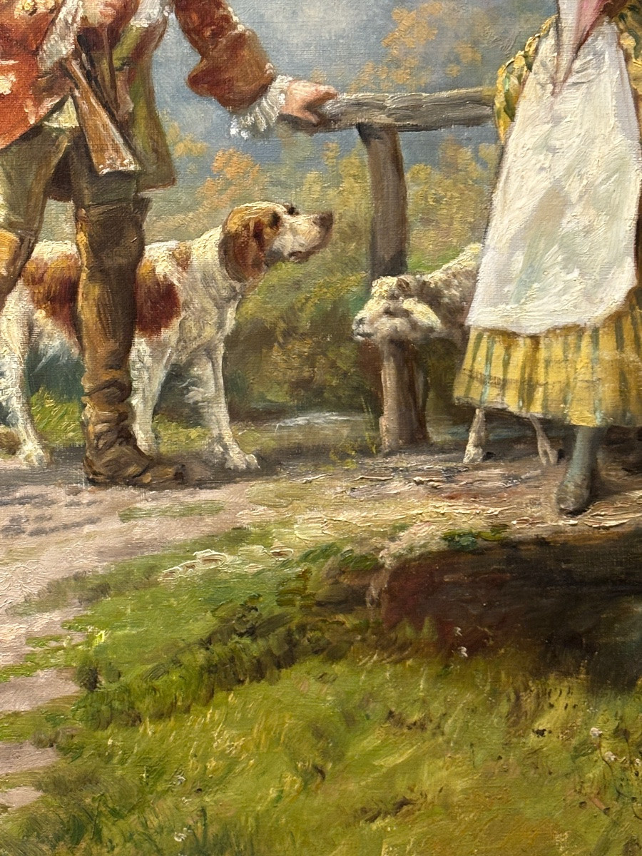 Large 19th Century Painting By Théodore Levigne, Romantic Pastoral Scene, The Hunter And The Shepherdess, Cow -photo-7