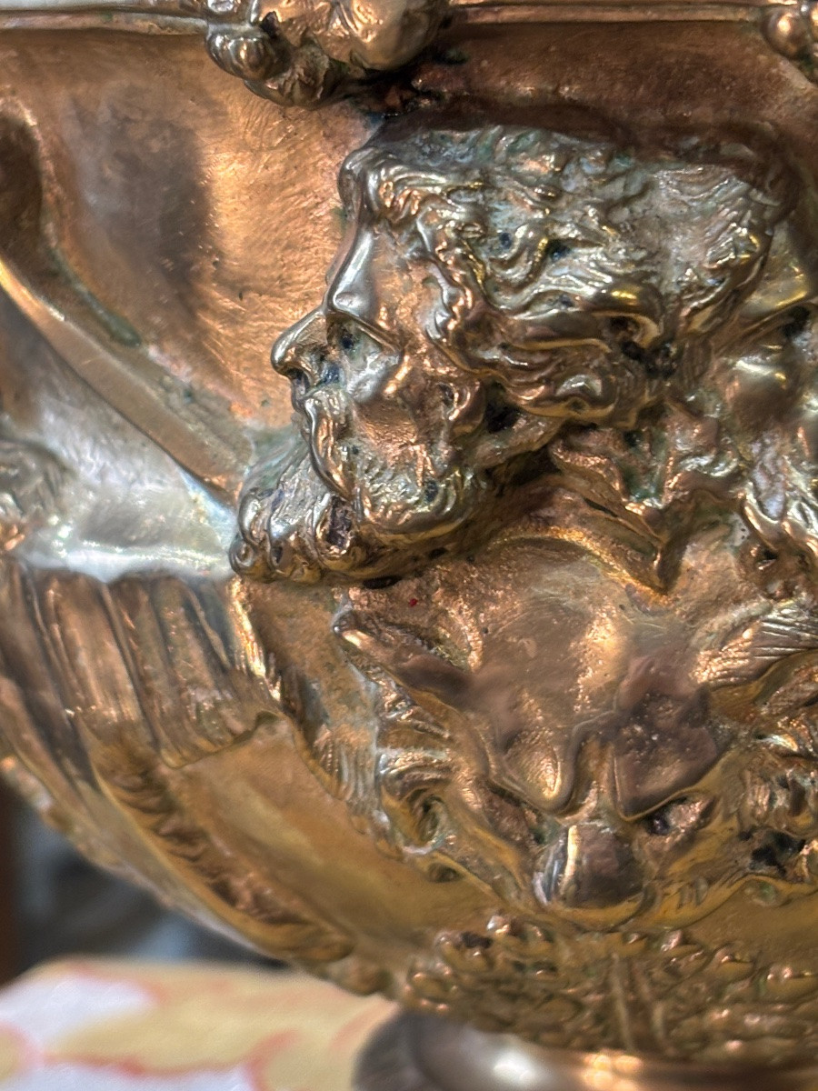 Ancienne Grande Coupe En Bronze Laiton XIXe Cratère à Décor De Mythologie Grecque Bacchus-photo-6
