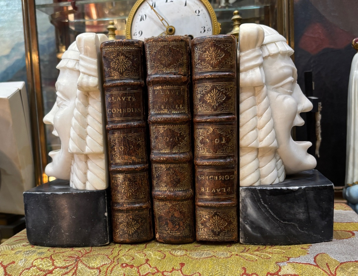 Ancienne Paire De Serre Livres à Décor De La Comédie Grecque  Thespis  En Albâtre Vers 1930-photo-2