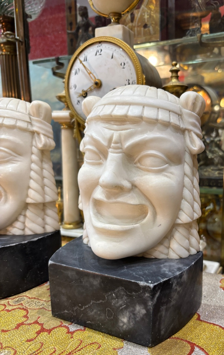 Ancienne Paire De Serre Livres à Décor De La Comédie Grecque  Thespis  En Albâtre Vers 1930-photo-3