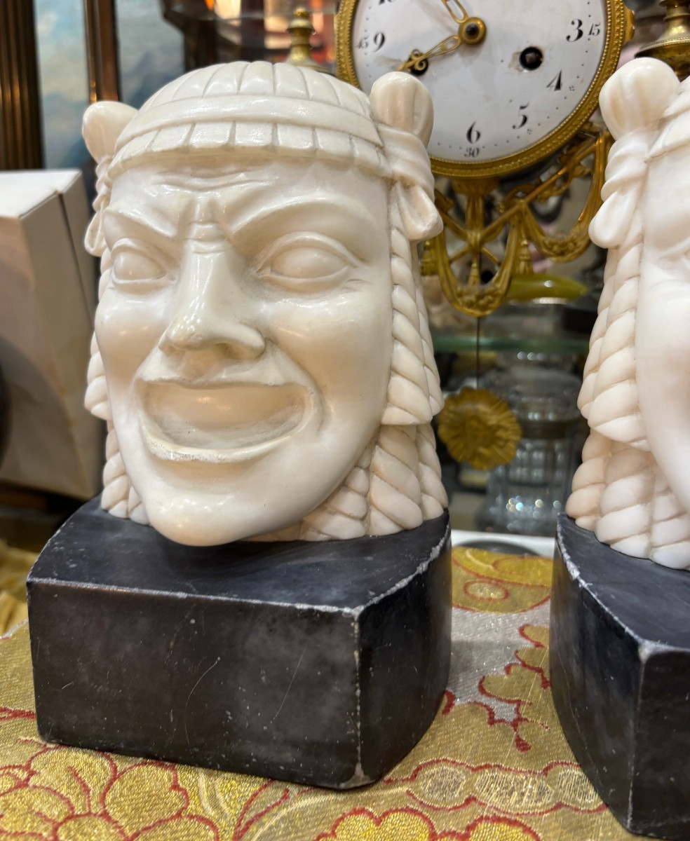 Ancienne Paire De Serre Livres à Décor De La Comédie Grecque  Thespis  En Albâtre Vers 1930-photo-4