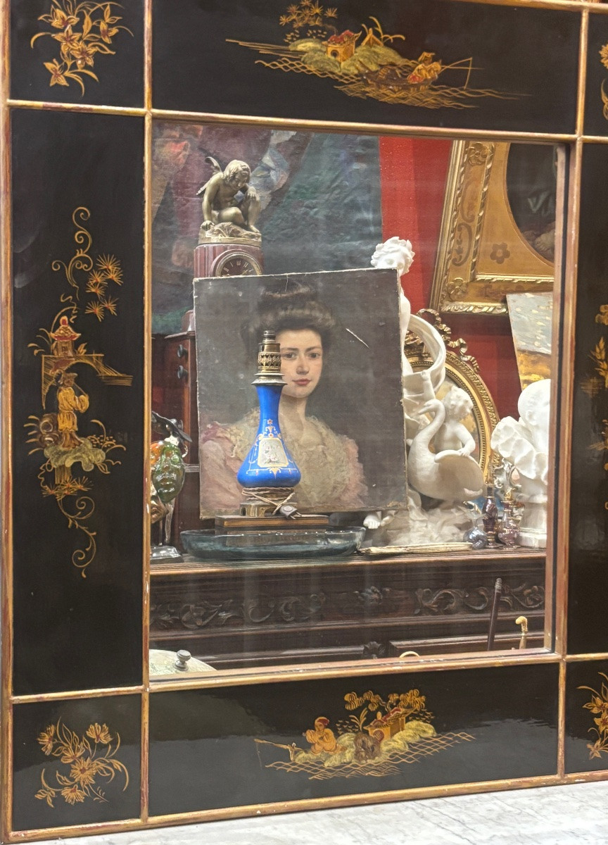 Chinese Black Lacquer Mirror With Asian Pastoral Scene Decor, 1950s Chinoiserie -photo-2