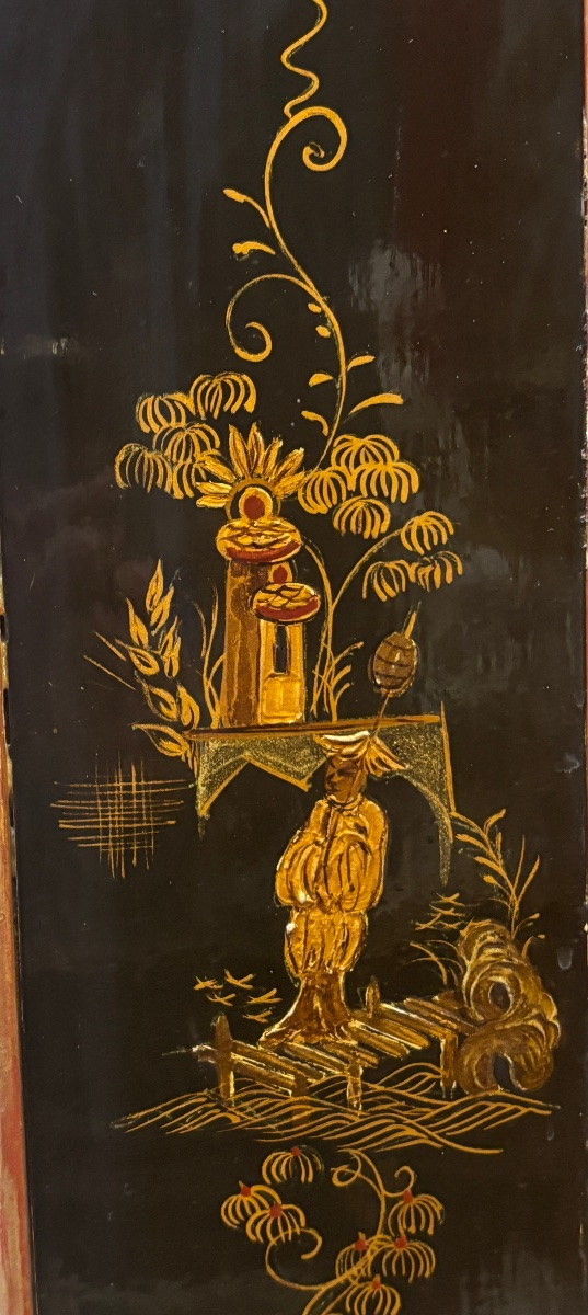 Chinese Black Lacquer Mirror With Asian Pastoral Scene Decor, 1950s Chinoiserie -photo-3