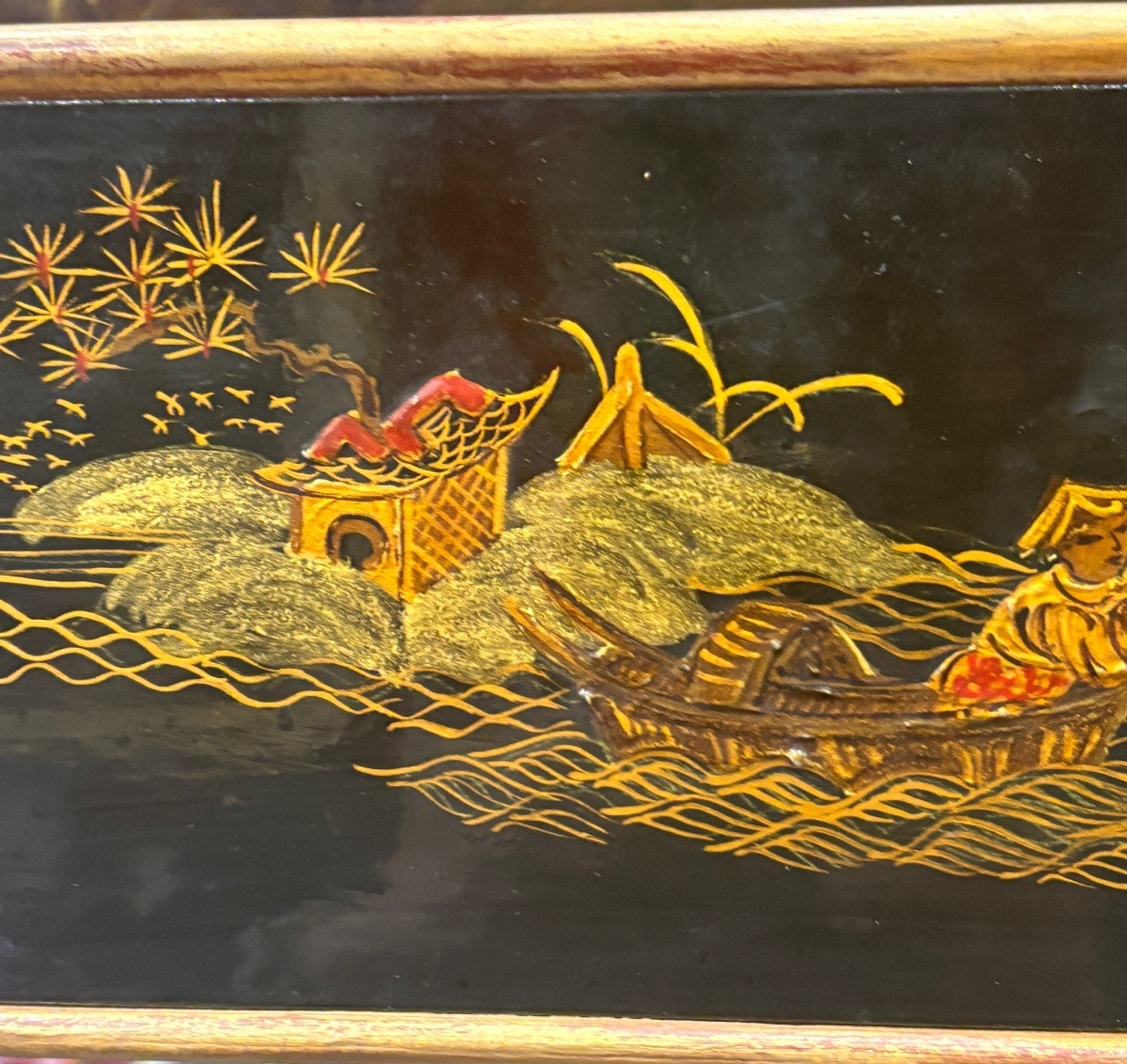 Chinese Black Lacquer Mirror With Asian Pastoral Scene Decor, 1950s Chinoiserie -photo-4