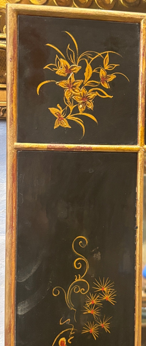 Chinese Black Lacquer Mirror With Asian Pastoral Scene Decor, 1950s Chinoiserie -photo-1
