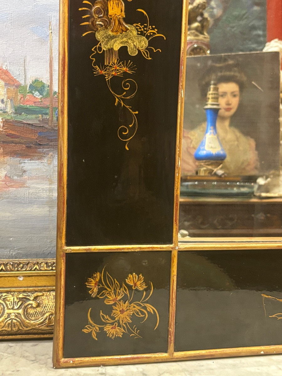 Chinese Black Lacquer Mirror With Asian Pastoral Scene Decor, 1950s Chinoiserie -photo-2