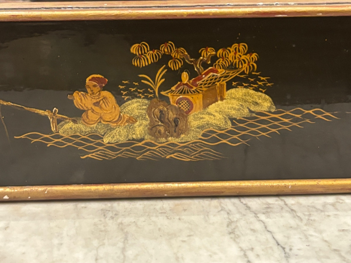 Chinese Black Lacquer Mirror With Asian Pastoral Scene Decor, 1950s Chinoiserie -photo-3