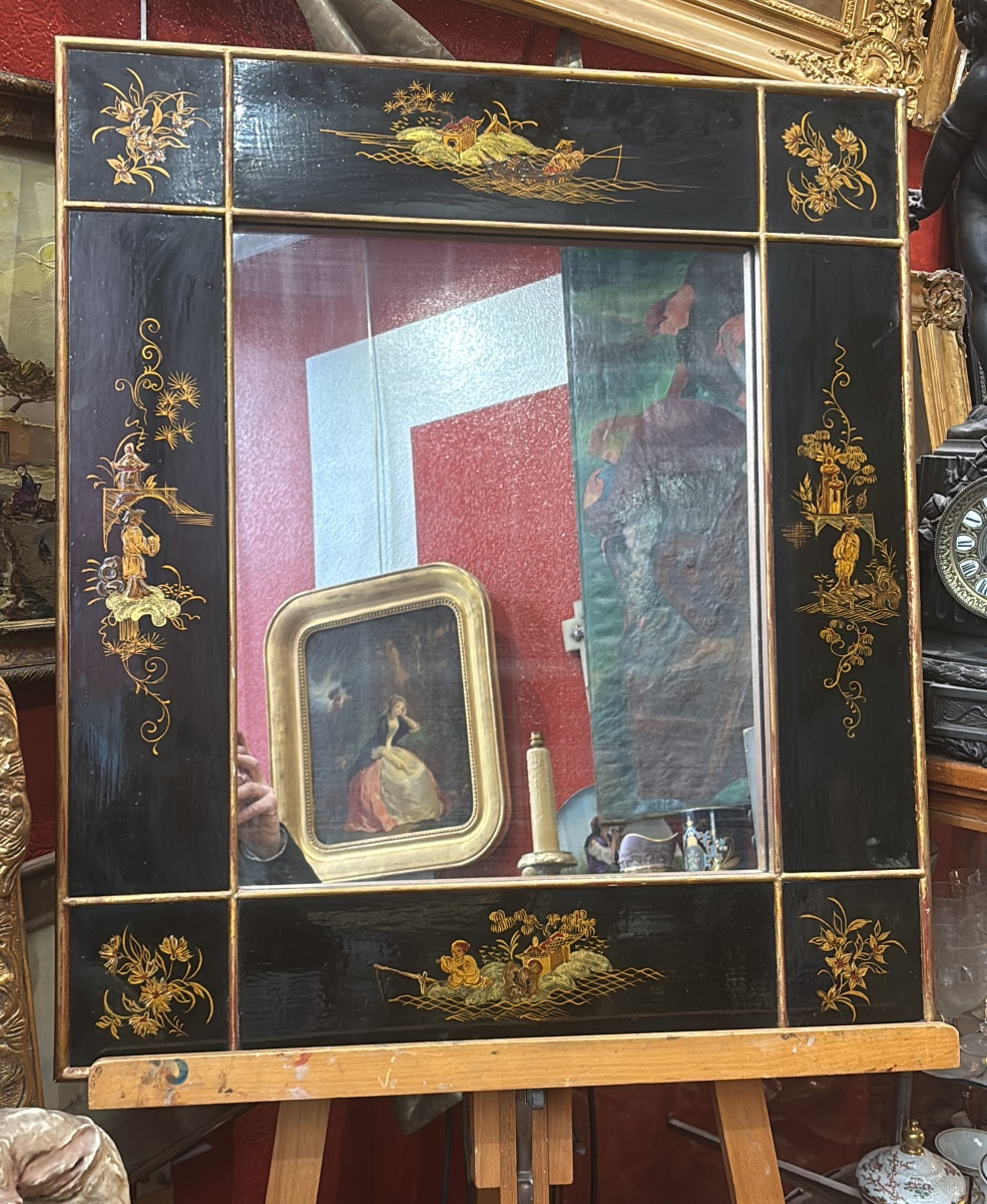 Chinese Black Lacquer Mirror With Asian Pastoral Scene Decor, 1950s Chinoiserie 