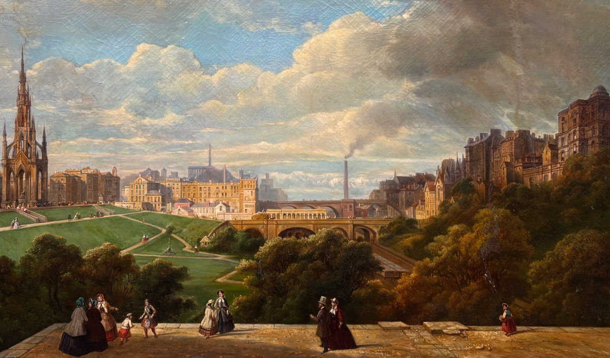 Grand Tableau édimbourg Edinburgh Huile Sur Toile XIXe écosse Scotland Panorama -photo-2