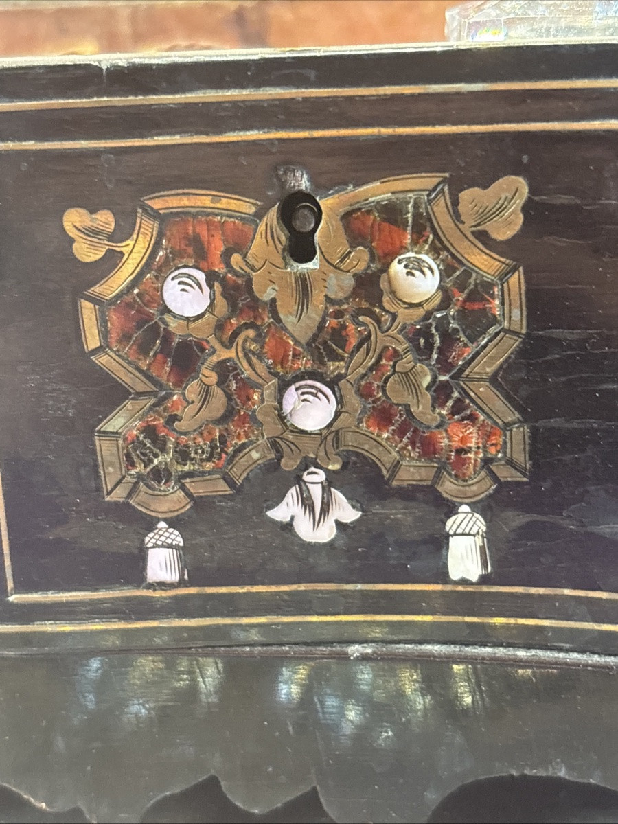 Antique Inkwell Watch Holder Box In Blackened Wood And Boulle Marquetry 19th Century Napoleon III -photo-3