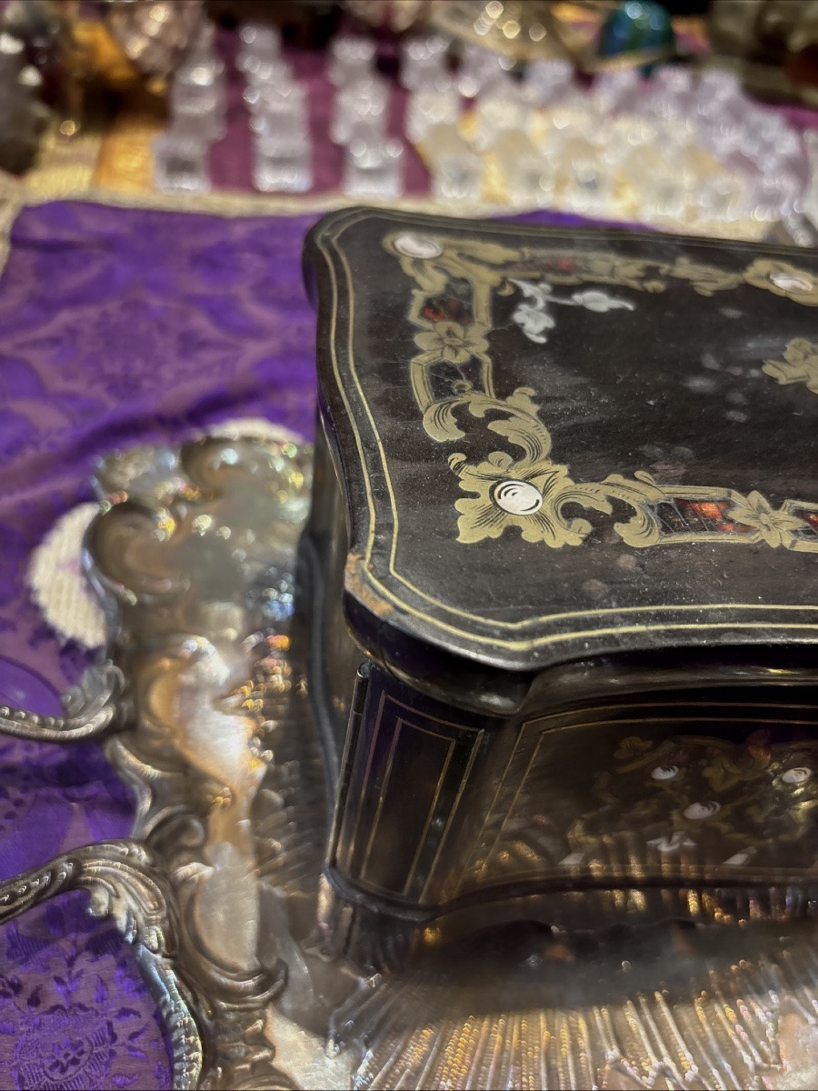 Antique Inkwell Watch Holder Box In Blackened Wood And Boulle Marquetry 19th Century Napoleon III -photo-7