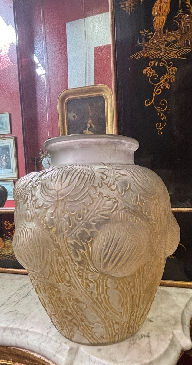 R Lalique Vase Model Aux Chardons Dome Remy 1926 Blown Molded Glass -photo-2