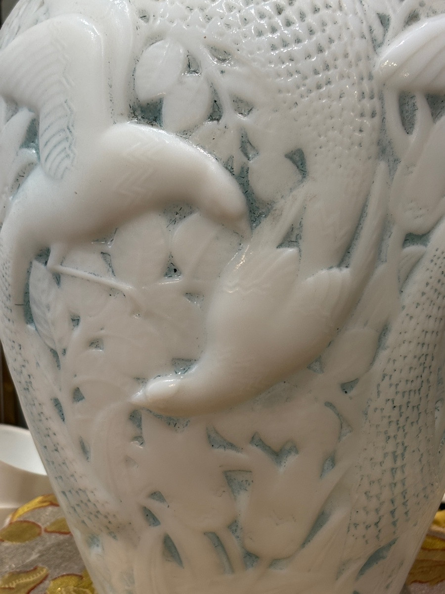 D' avesn grand vase art déco les oiseaux de paradis  en 1930  verre opaque opalin-photo-2