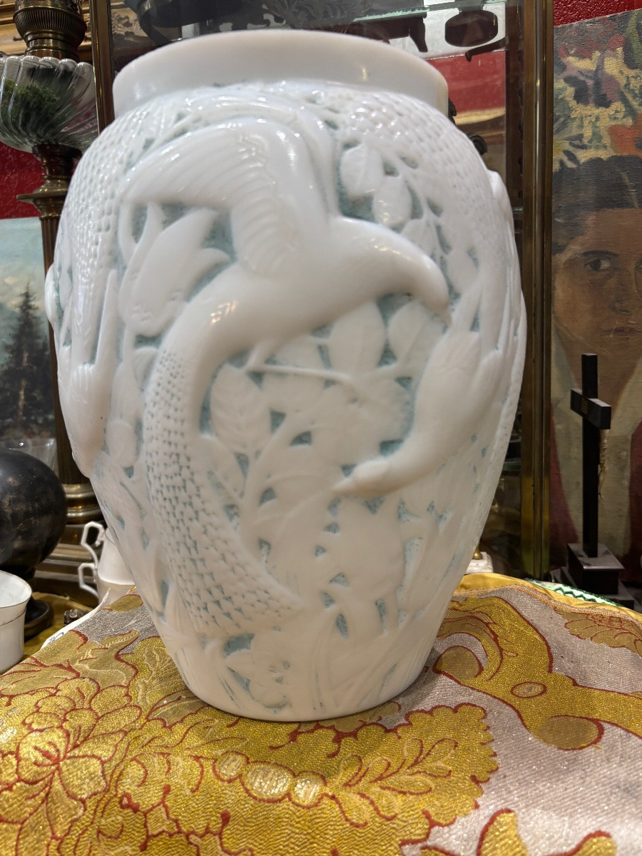 D' avesn grand vase art déco les oiseaux de paradis  en 1930  verre opaque opalin-photo-4