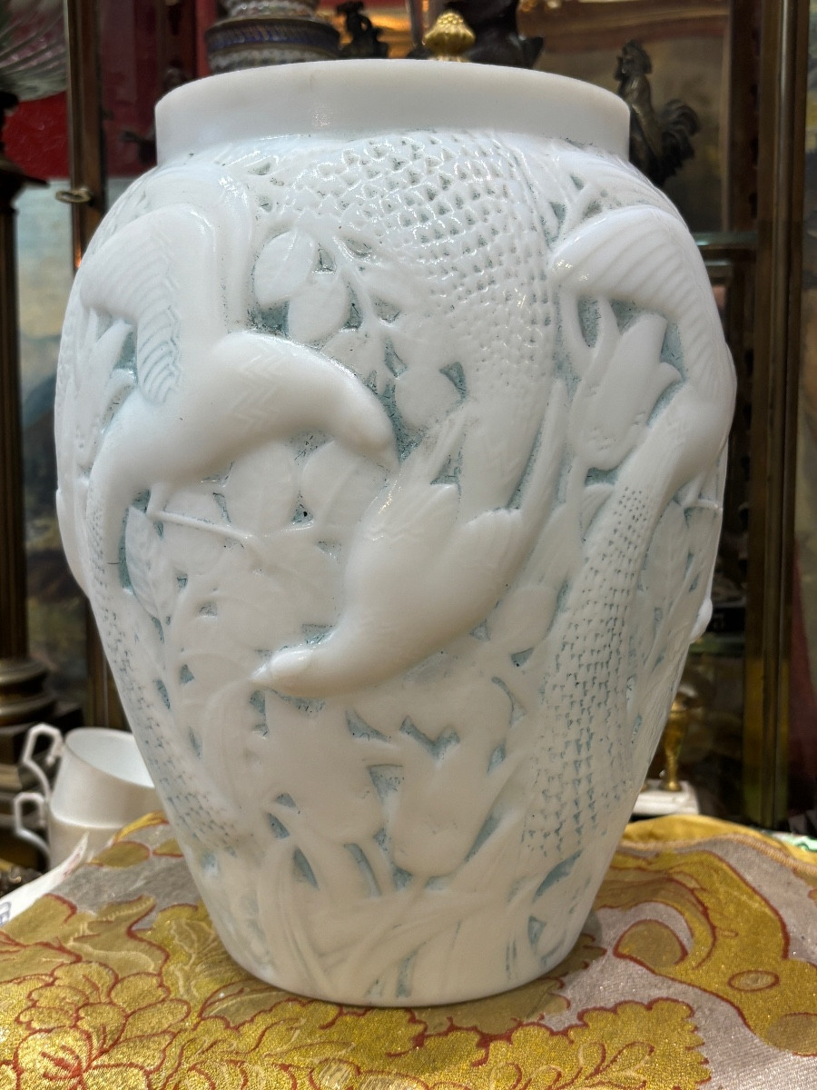 D' avesn grand vase art déco les oiseaux de paradis  en 1930  verre opaque opalin
