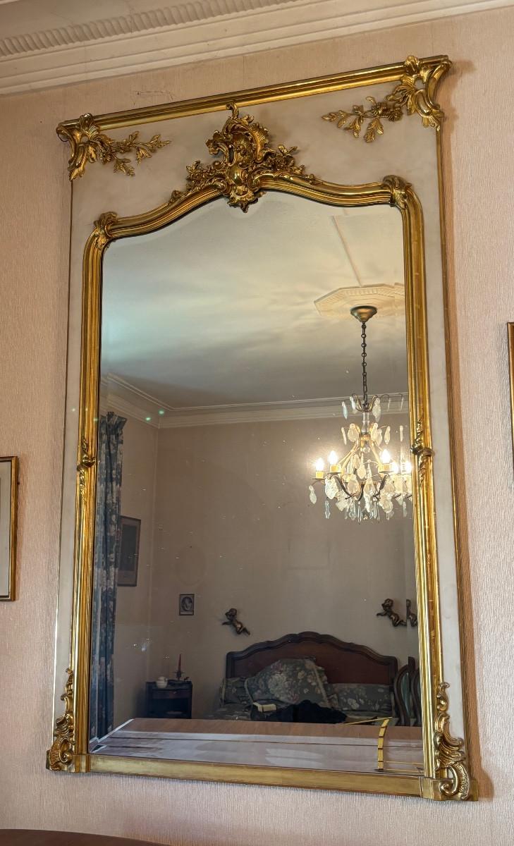 Antique Trumeau Mirror Fireplace Wood And Gilded Stucco 19th Century Lxv Style 