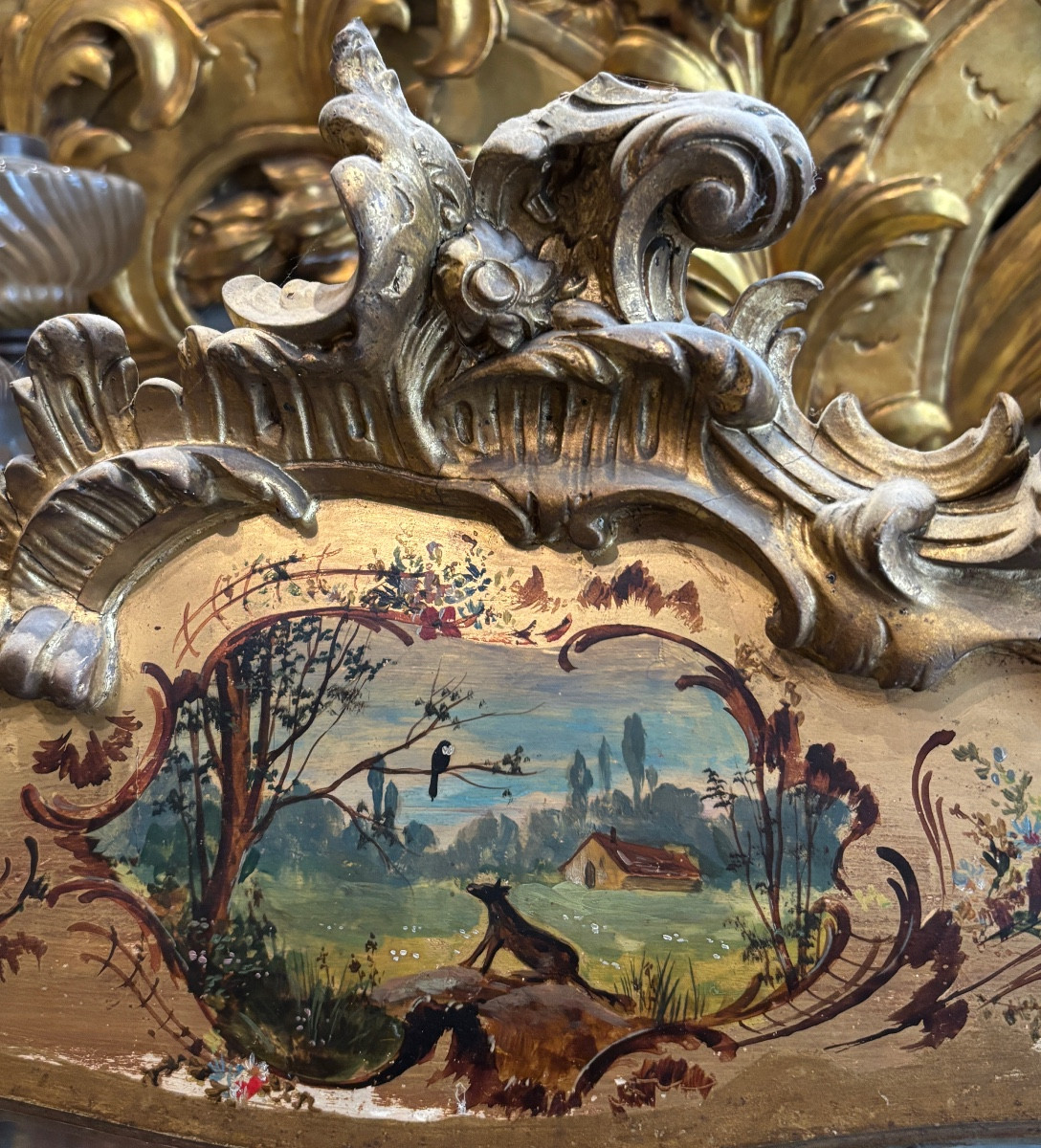 ancien miroir glace louis Philippe dorée a decor peint le corbeau et le renard -photo-2