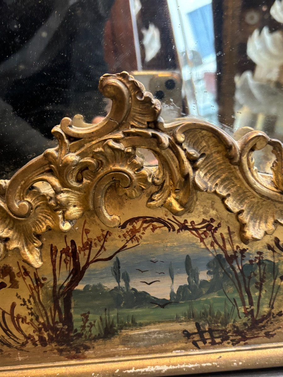 ancien miroir glace louis Philippe dorée a decor peint le corbeau et le renard -photo-3