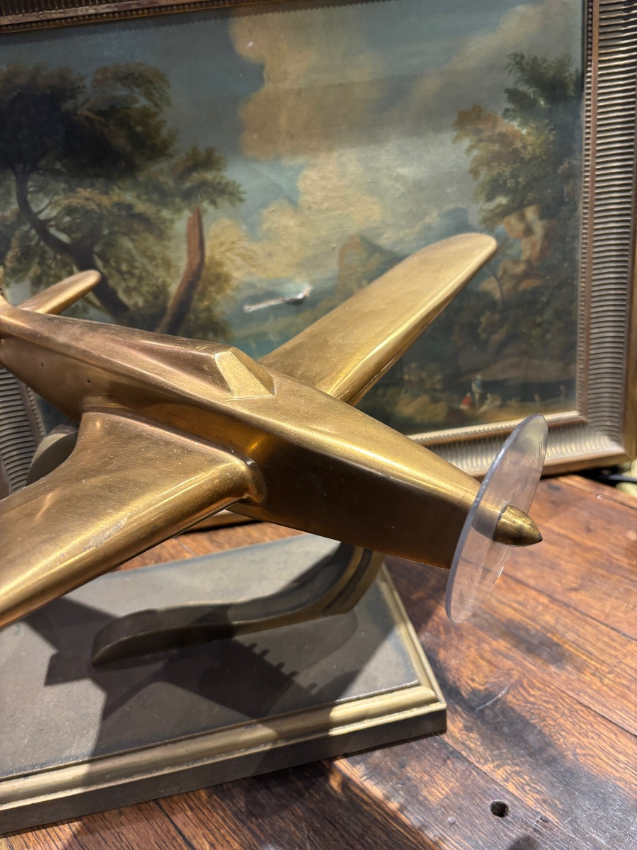 1950  avion de chasse spitfire en bronze sur socle en fonte aviation de guerre -photo-2