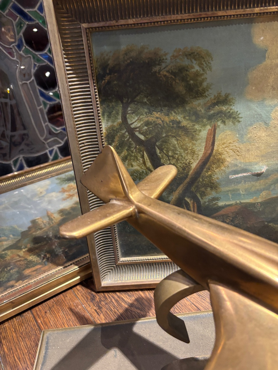 1950  avion de chasse spitfire en bronze sur socle en fonte aviation de guerre -photo-4