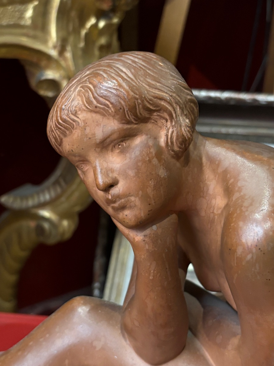 Clerc  art déco jeune fille nue rêverie sculpture en terre cuite signée édition susse paris -photo-2