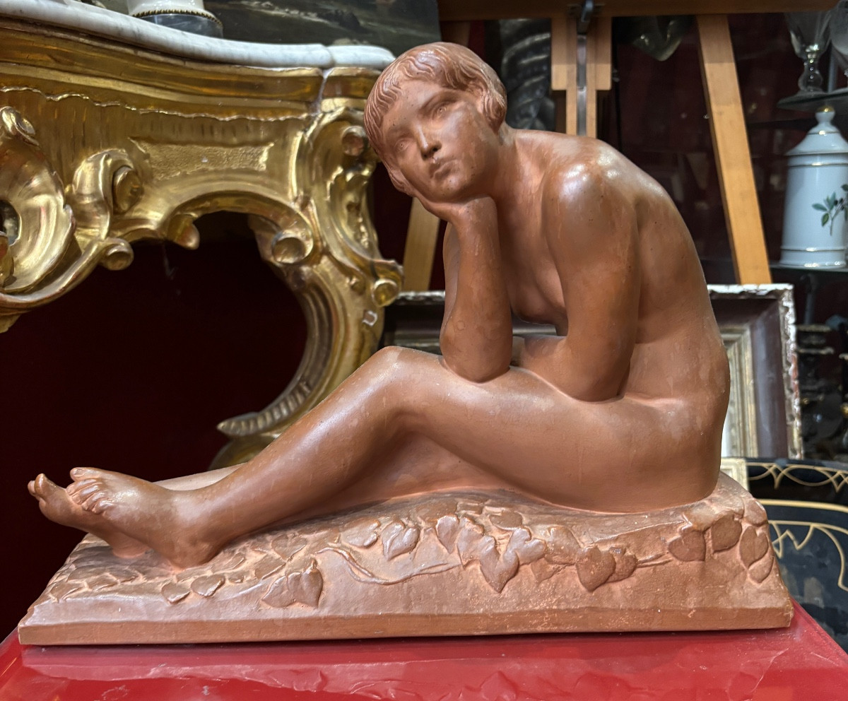 Clerc  art déco jeune fille nue rêverie sculpture en terre cuite signée édition susse paris 