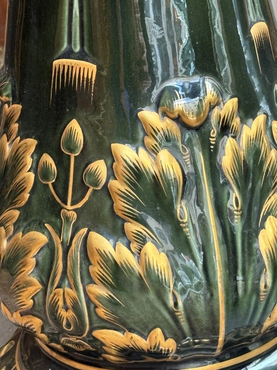 Barbotine grande jardinière sur colonne verte et dorée époque 1900-photo-2