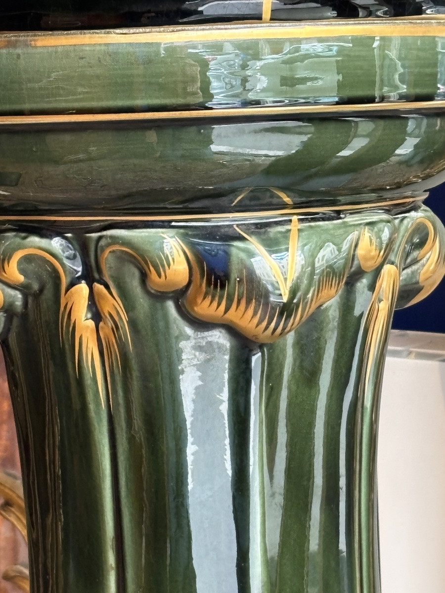 Barbotine grande jardinière sur colonne verte et dorée époque 1900-photo-3