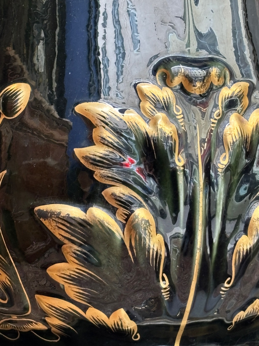 Barbotine grande jardinière sur colonne verte et dorée époque 1900-photo-4