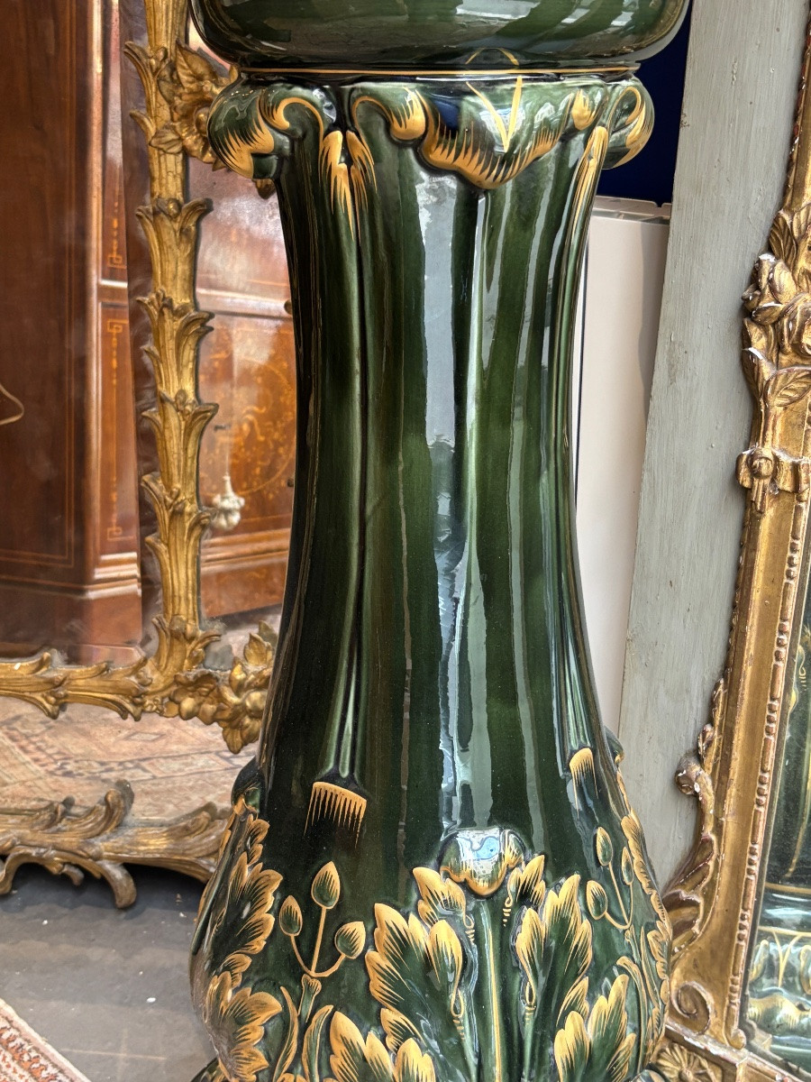 Barbotine grande jardinière sur colonne verte et dorée époque 1900-photo-2