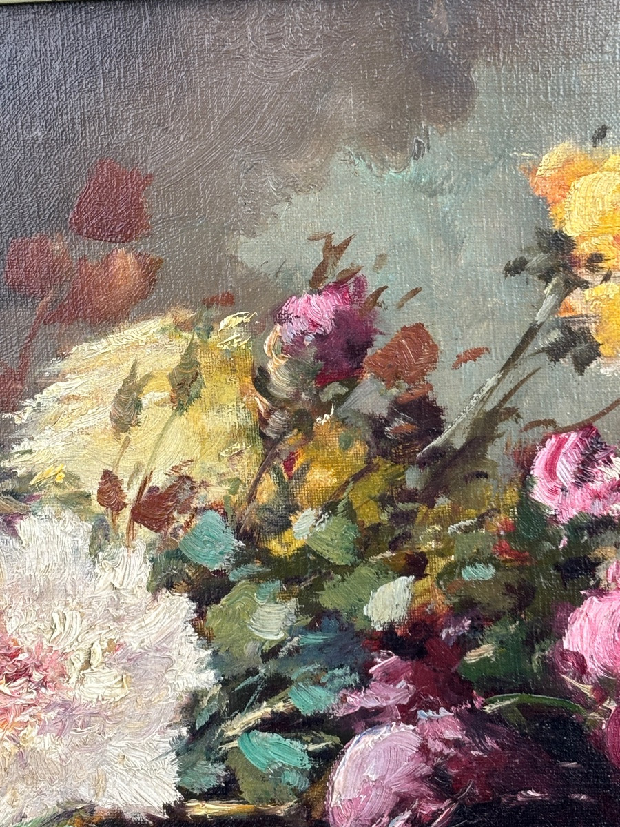 Tableau huile sur toile nature morte époque 1900 bouquet de fleurs anémones signé -photo-3