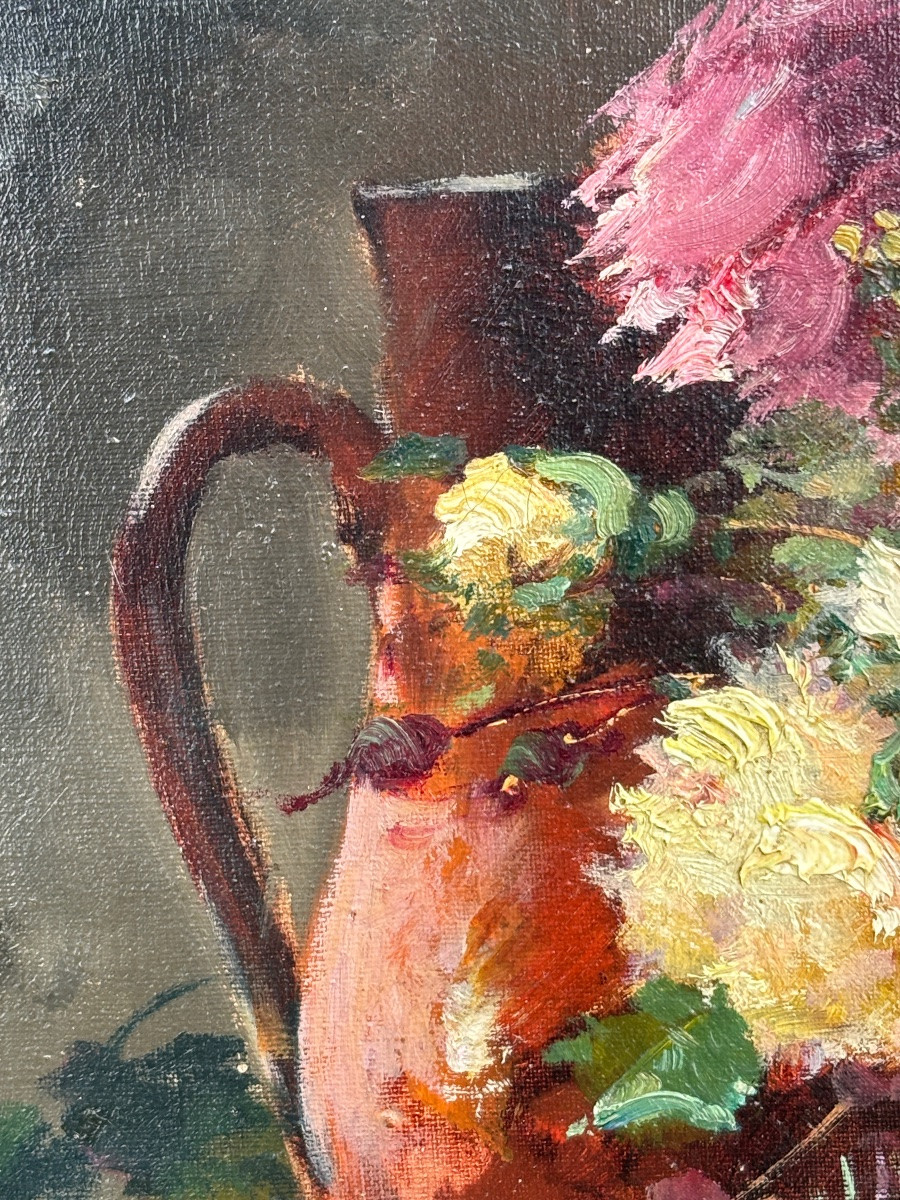 Tableau huile sur toile nature morte époque 1900 bouquet de fleurs anémones signé -photo-4