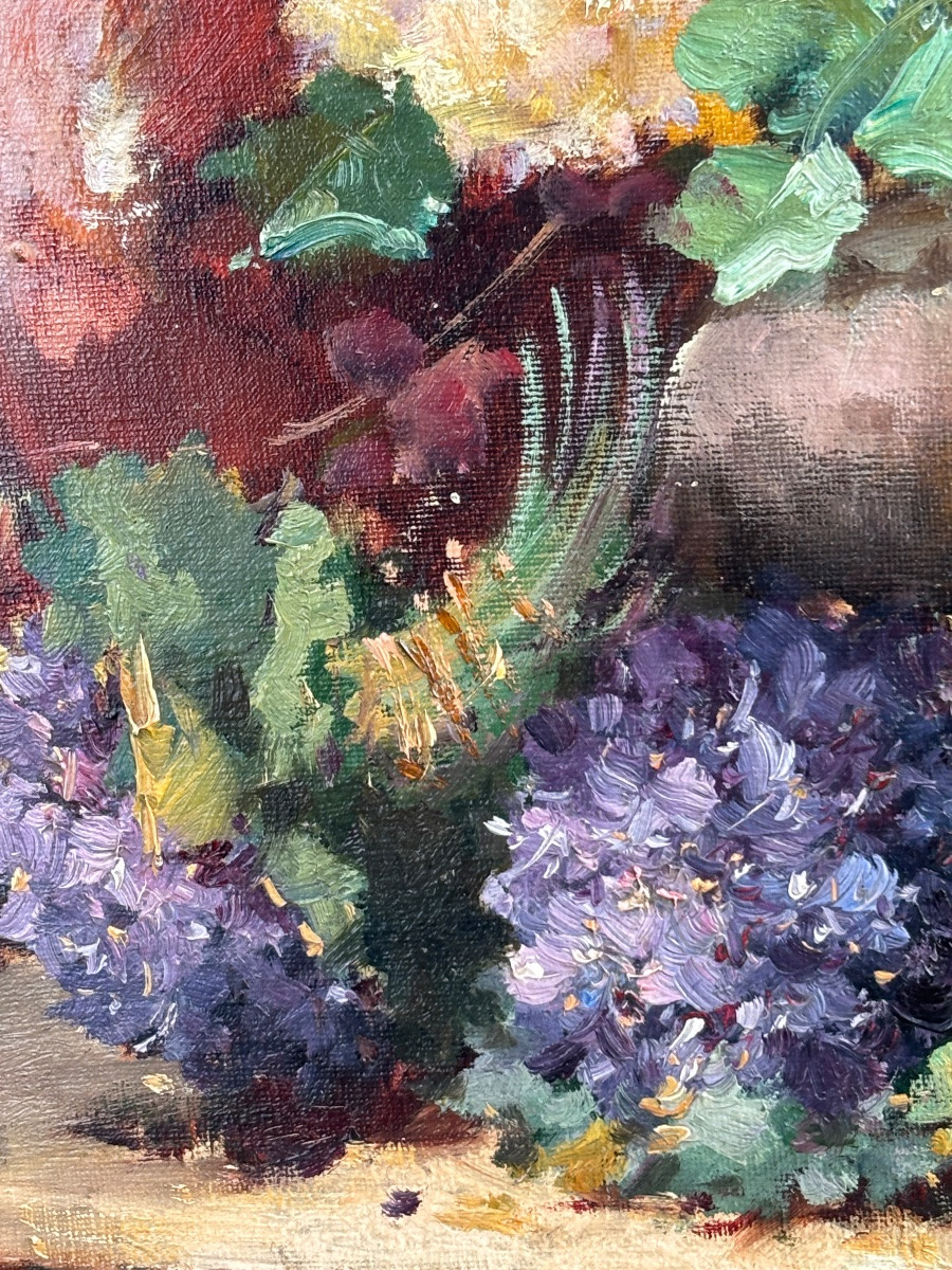 Tableau huile sur toile nature morte époque 1900 bouquet de fleurs anémones signé -photo-2