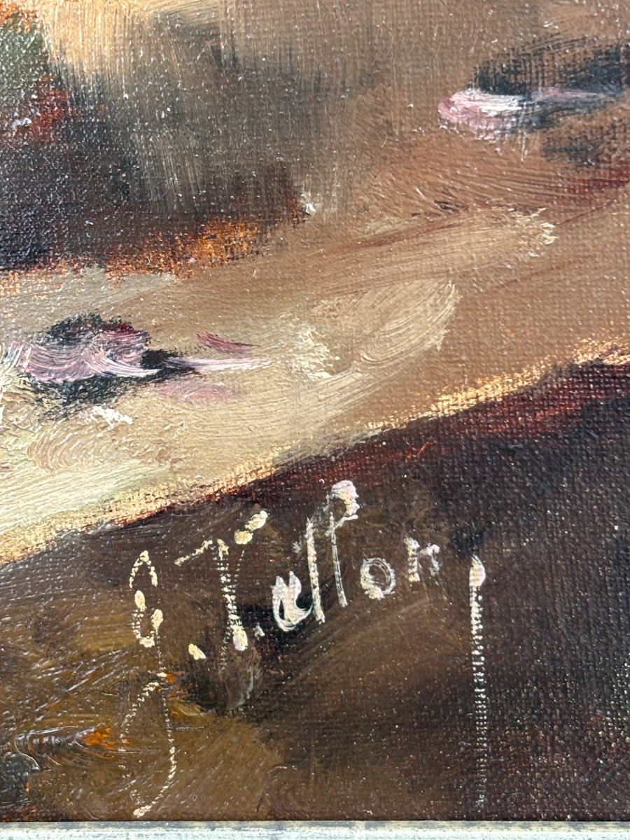 Tableau huile sur toile nature morte époque 1900 bouquet de fleurs anémones signé -photo-3