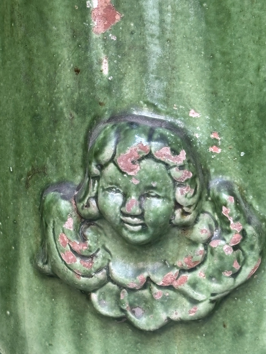 Paire de vases d anduze verts tête d anges et guirlandes -photo-3