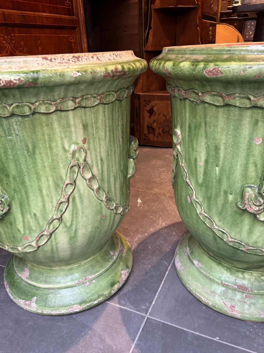 Paire de vases d anduze verts tête d anges et guirlandes -photo-2