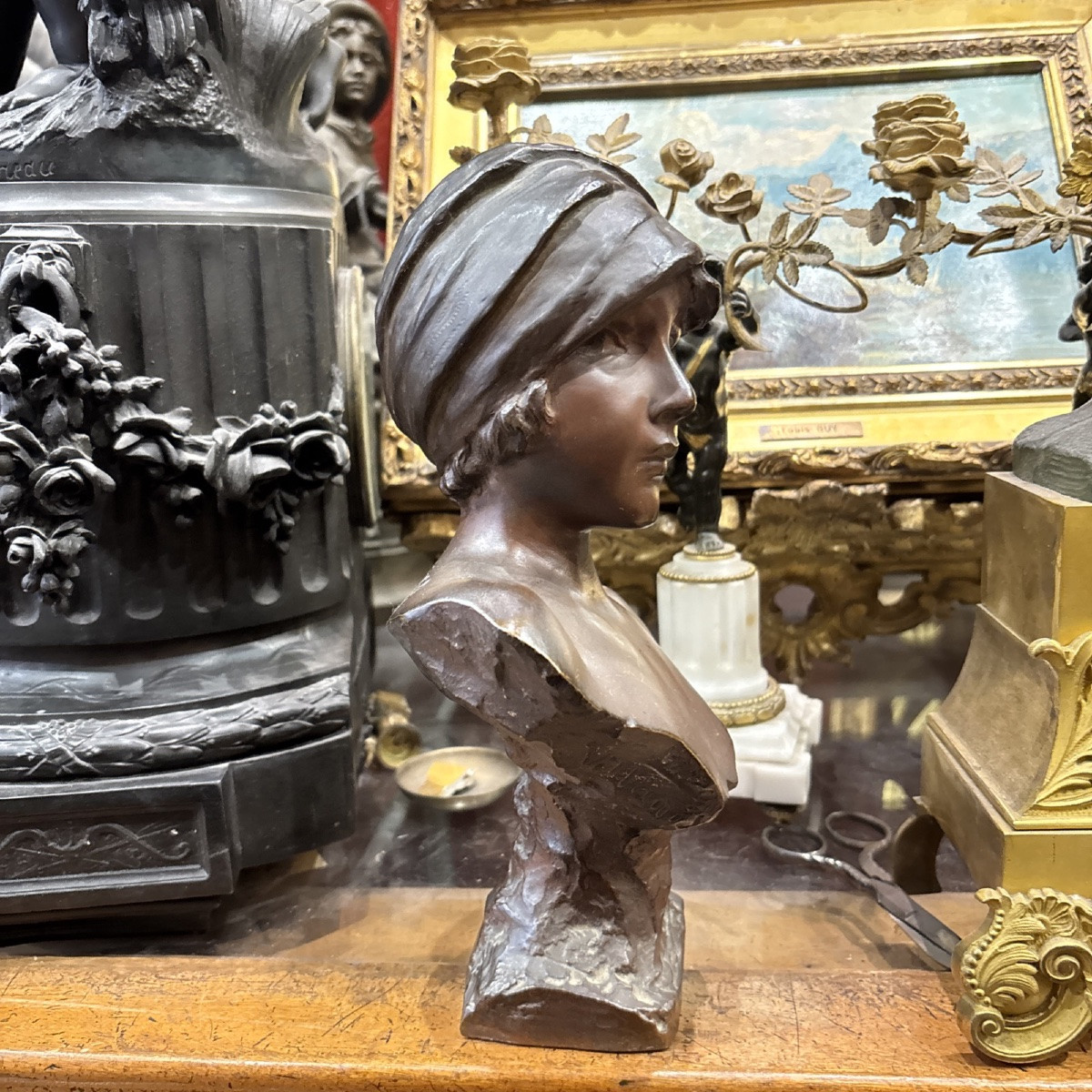 Villanis MOE bronze art nouveau à patine médaille buste féminin -photo-3