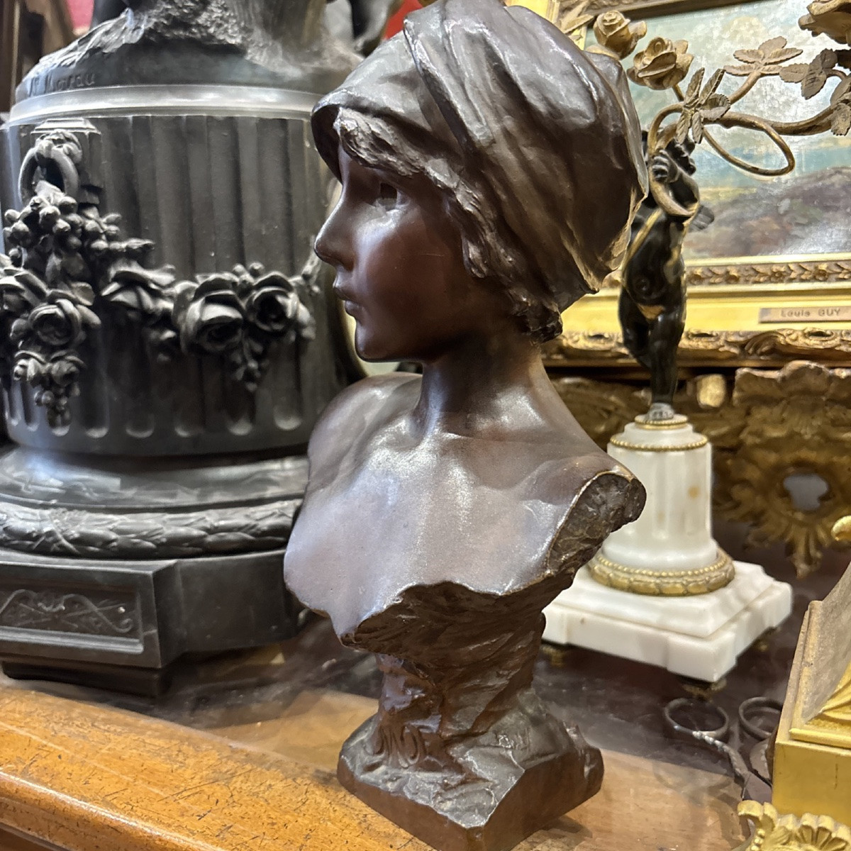 Villanis MOE bronze art nouveau à patine médaille buste féminin -photo-1