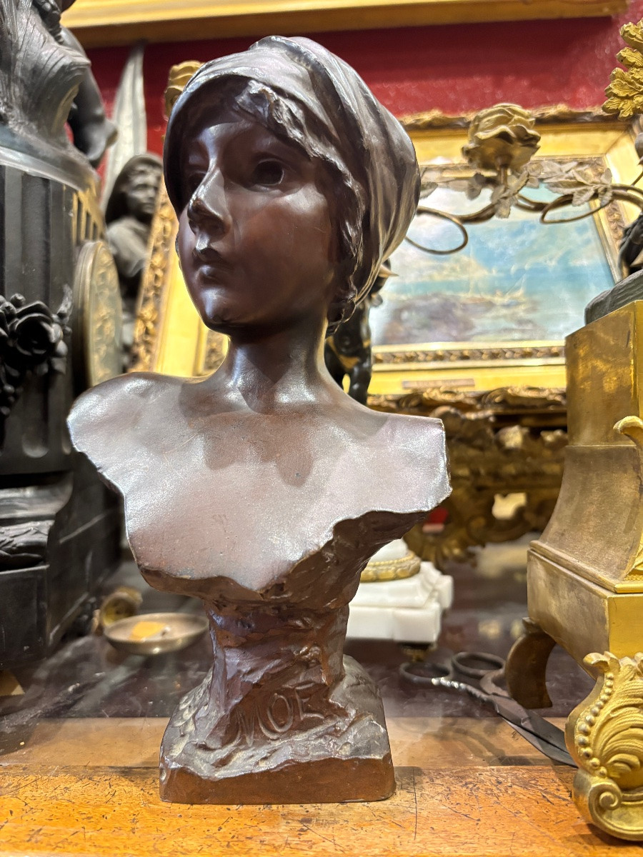 Villanis MOE bronze art nouveau à patine médaille buste féminin -photo-5