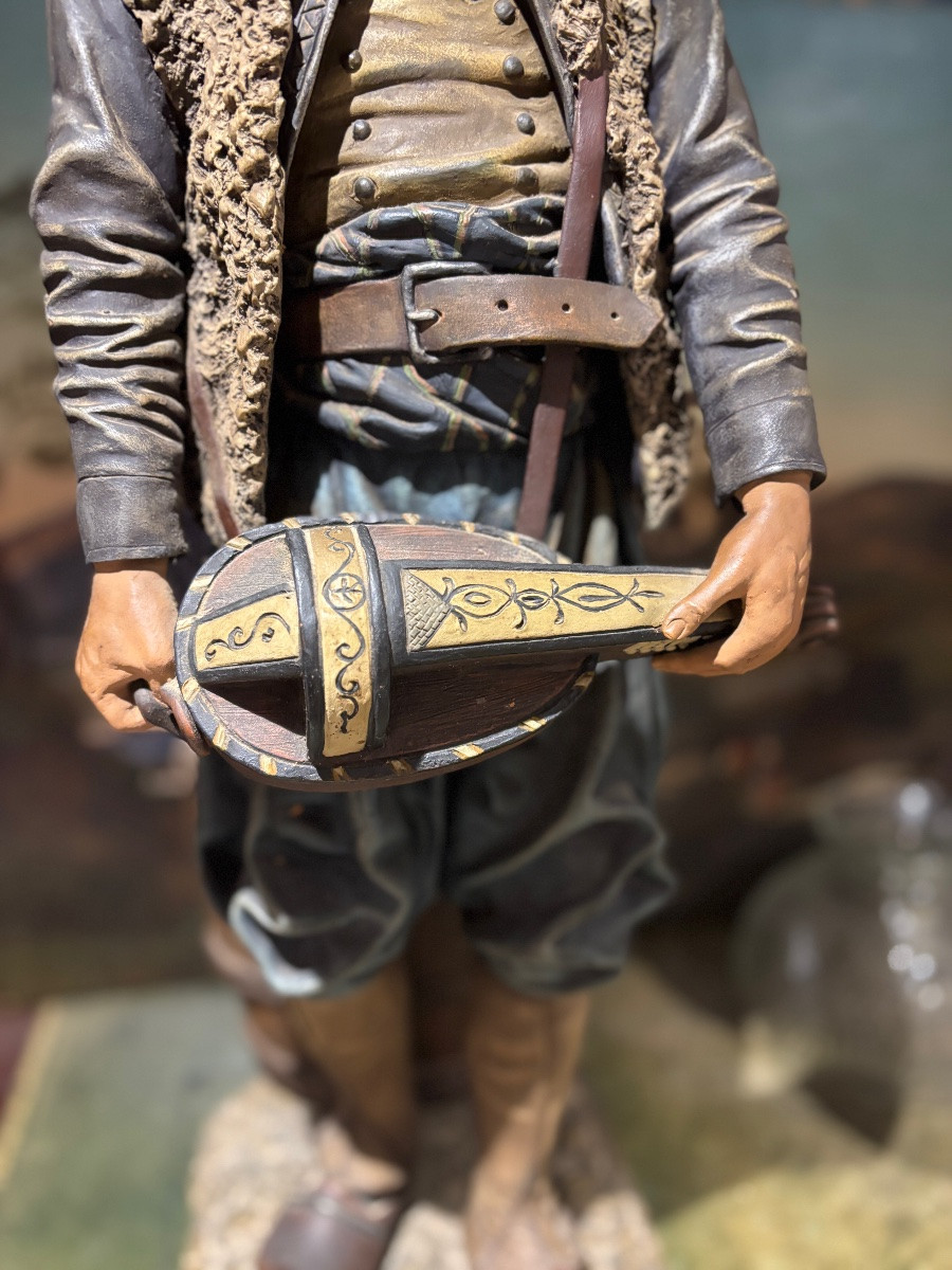 The Guluche, The Breton Hurdy-gurdy Player, Large Polychrome Terracotta Sculpture -photo-3